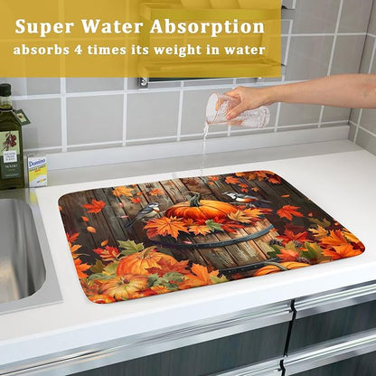 Fall Pumpkin Dish Drying Mat for Kitchen Counter Autumn Pumpkin Dish Mats for