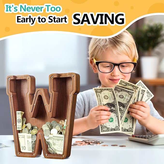 Summidate Customized Name Extra Large Wooden Piggy Bank for Kids Boys Girls Alphabets Letter A-Z Coins Bills Money Change Saving Box Clear Cover (Laser Engraved) Educational Toys 12"- Letter W