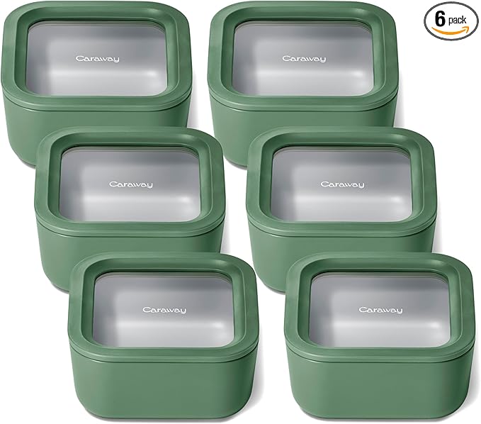 Caraway 6pc Glass Food Storage Set – 4.4 Cup Food Containers (6) - Ceramic Coated - Non Toxic, Non Stick with Lids - Microwave Safe - Sage