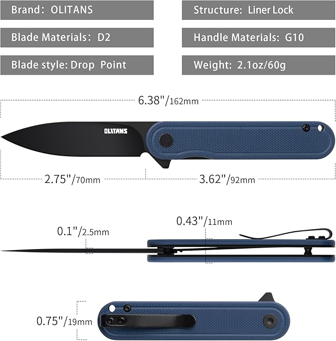 G040 Pocket Knife, 2.75'' D2 Steel Blade G10 handle, Small EDC Knife with Pocket Clip for Men Women, 2.1oz