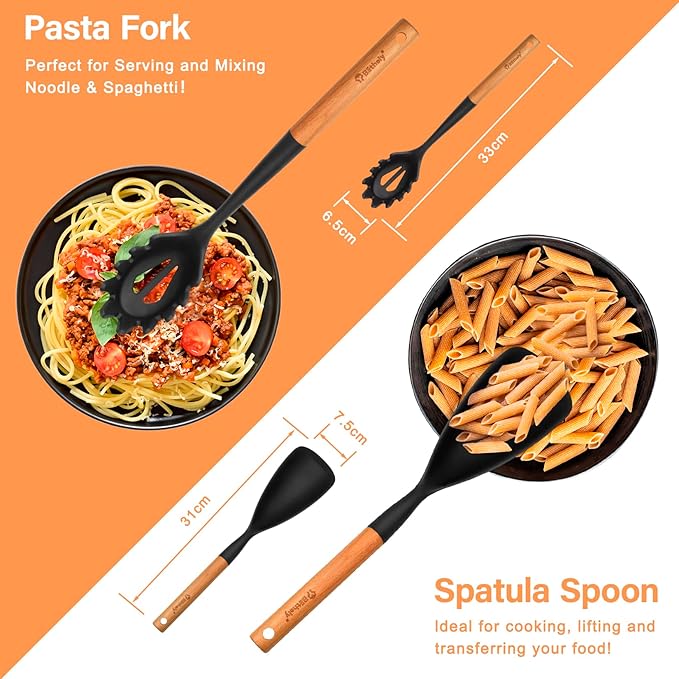 Silicone Cooking Spoon and Pasta Fork Set, 2 Pack Large Spatula Spoons Set with Wooden Handle, Nonstick Multifunction Spoon for Cooking, Serving, Mixing and Spaghetti (Black)