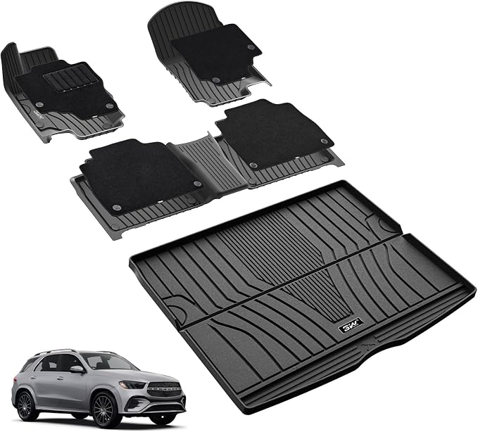 3W Floor Mats(with Carpets) & Cargo Liner Fit for Mercedes Benz GLE 2020-2026 5 Seats SUV, TPE All Weather Custom Fit Floor Liners Carpet and Trunk Mat for Benz GLE Waterproof(Not Fit for Coupe/W167)