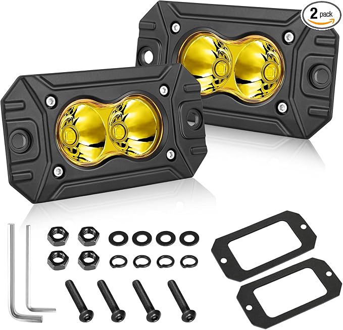 Yellow Flush Mount LED Pods, AKD Part Spot CREE LED Flush Mount Fog Lights 40W Yellow Chase Lights Bumper Driving Backup Reverse Light Pods for Trucks Pickup SUV UTV ATV Snowmobile