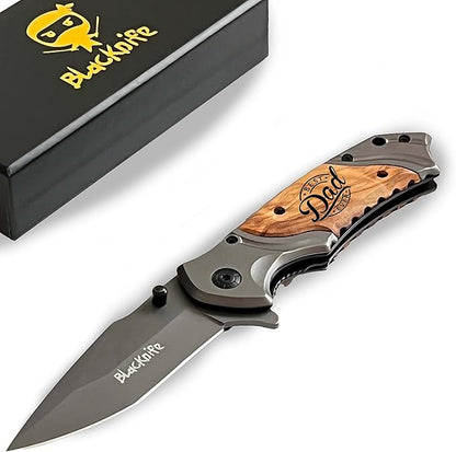BlacKnife Gift For Dad Folding Pocket Knife with Wooden Handle and Clip, Pocket Knife For Men – Fathers Day Gift Ideal Knife for Camping, Hunting, DIY, Outdoor Gear (Best Dad Ever)