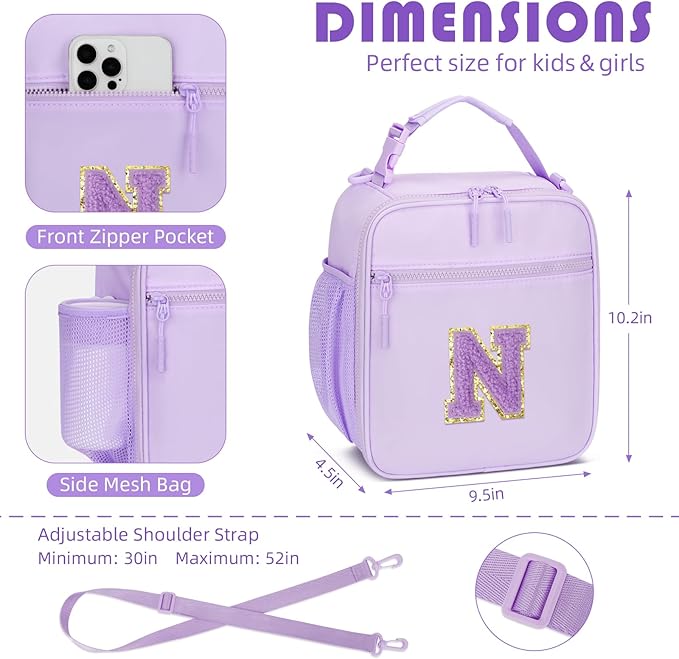 Initial Insulated Lunch Bag for Girls Kids, Back to School Gift, Reusable Leak-proof Lunch Box with Adjustable Strap for School Daycare Travel Picnic (Purple,N)