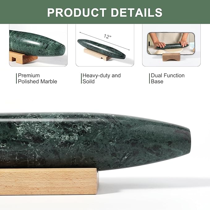 Natural Marble French Rolling Pin, 12 inch Kitchen Baking Tool