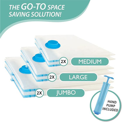 6 Pack Vacuum Storage Bags, Space Saver Bags (2 Jumbo/2 Large/2 Medium) Compression Storage Bags for Comforters and Blankets, Vacuum Sealer Bags for Clothes Storage, Hand Pump Included
