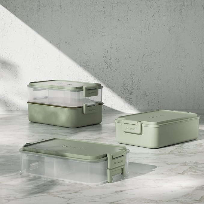 linoroso Stackable Bento Box Adult Lunch Box | Meet All You On-the-Go Needs for Food, Salad, and Snack Box, Premium Bento Lunch Box for Adults Include Utensil Set, Dressing Containers - Pale Mint