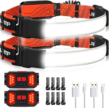 Adelante LED Headlamp Flashlight, 2Pack 1000LM 230°Wide-Beam Rechargeable Head Lamp for Adults, Red Taillight & 8 Clips Waterproof Hard Hat Light Headlamps for Running Hiking and Camping