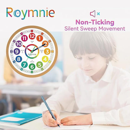 Wall Clock for Kids Learning to Tell Time Analog Non Ticking Battery Operated Kids Small Teaching Clock Silent Colorful Teaching Time Clock for Kids Room Classroom School（8 Inch）