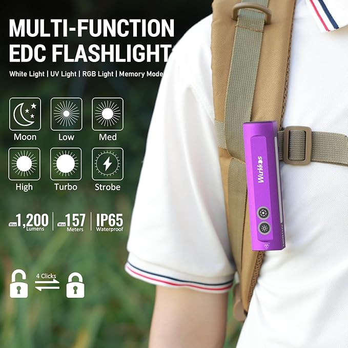 Wurkkos HD01 UV Flashlight, Rechargeable EDC Flashlight, Led Flashlight with 365nm UV Light, 1200 Lumens Flat Flashlight with RGB, Pocket Light for Emergency, Pet Urine Detection(Purple)