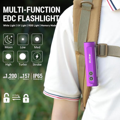 Wurkkos HD01 UV Flashlight, Rechargeable EDC Flashlight, Led Flashlight with 365nm UV Light, 1200 Lumens Flat Flashlight with RGB, Pocket Light for Emergency, Pet Urine Detection(Purple)