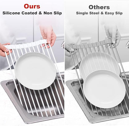 MERRYBOX Roll Up Over The Sink Dish Drying Rack Silicone Wrapped Foldable