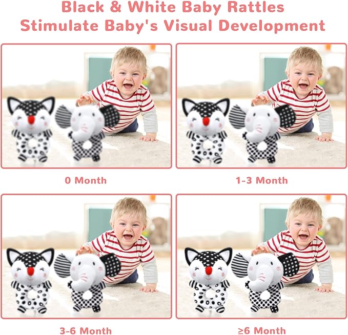 Baby Rattles 0-6 Months Newborn Toys Baby Toys 0-6 Months Rattles for Babies 0-6 Months Infant Toys 0-3 Months, Black & White High Contrast Baby Toys Plush Stuffed Toys for 0 3 6 9 12 Months Girl Boy