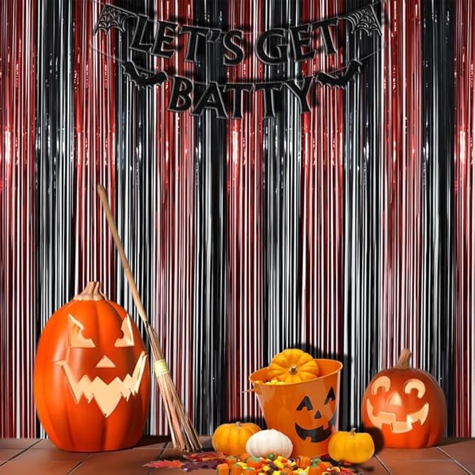 BRAVESHINE Tinsel Photo Backdrop Curtains - 2 Pack 3.2x8.2ft Black Red Foil Fringe Streamer Curtain for Halloweens, Lantern, Pumpkin, Home, Indoor or Outdoor Party Supplies Decorations