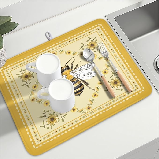 Giwawa Sunflower Bee Dish Drying Mat, Summer Rustic Sunshine Floral Dish