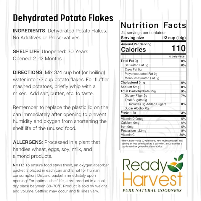 Ready Harvest Dehydrated Food - Potato Flakes | Emergency Food | Instant Mashed Potatoes | #10 Can | 30-Year Shelf Life | Cans Filled to the Top