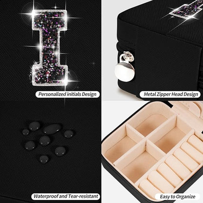 Personalized Jewelry Case for Women Girls - Fashion Mini Jewelry Boxes - Trendy Travel Jewelry Organizer with Initials Letter - Teen Gifts | Black,I