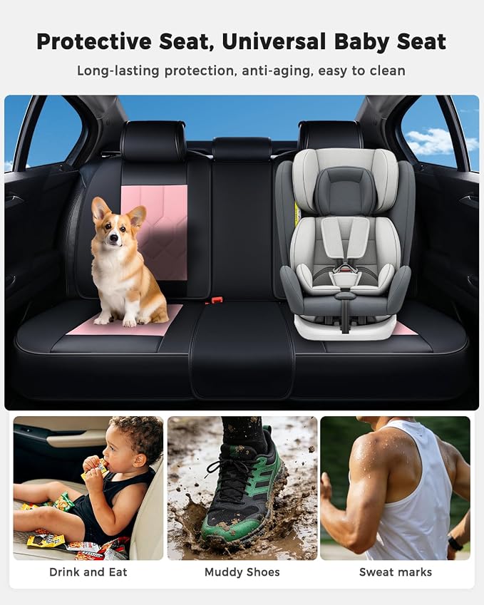Huidasource Seat Covers Full Set, Universal Fit for Most Cars SUV Trucks, Full Coverage Leather Seat Cover, Airbag, Cupholder Compatible, Seat Function Retain, Easy Install with Velcro, Black & Pink