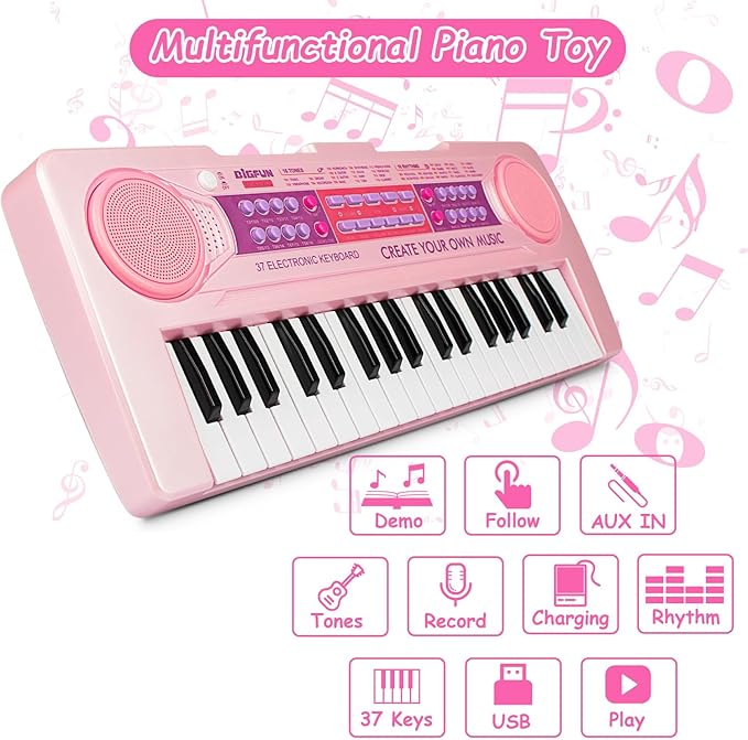 Kids Piano Keyboard Toys, 37 Keys Music Keyboard Piano for Kids with Microphone, Learning Educational Toddler Keyboard Toys for Kids Ages 3-8 (Pink)