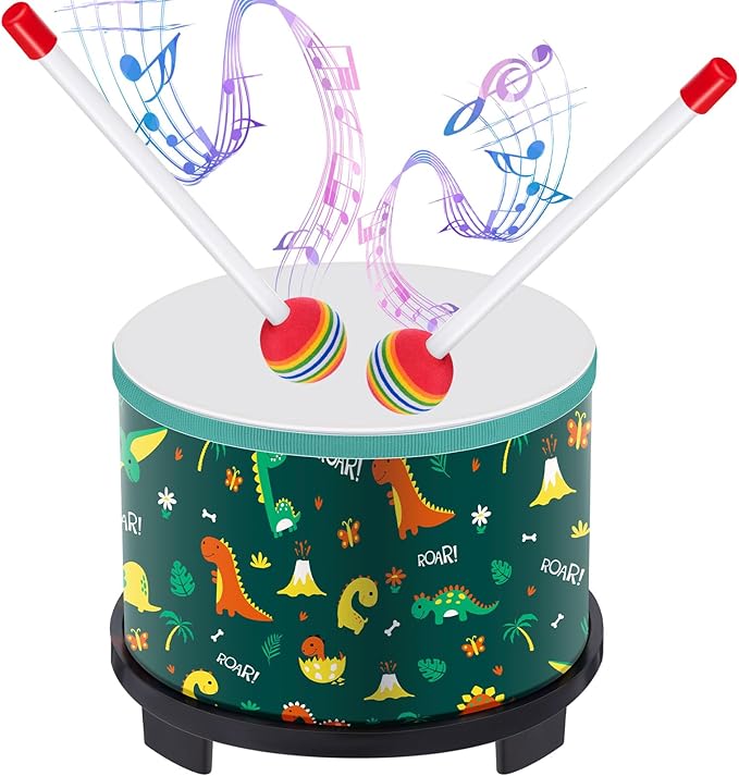 Boao Floor Tom Drum for Kids 8'' W x 6.5'' H Wooden Percussion Instrument Music Drum with 2 Rainbow Mallets Dinosaur Educational Toys for Baby Children Toddler Boy Girl Birthday Gift