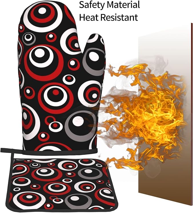 Retro Red Circles Oven Mitt and Pot Holder Set