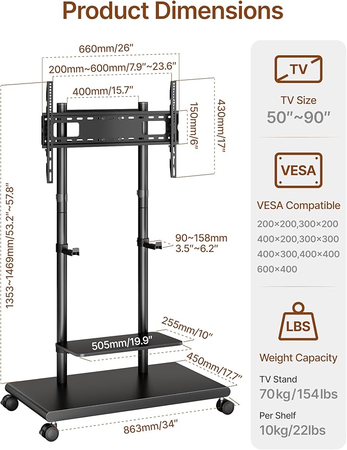 ECOTINY Steel Base Rolling TV Stand