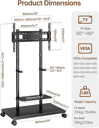 ECOTINY Steel Base Rolling TV Stand