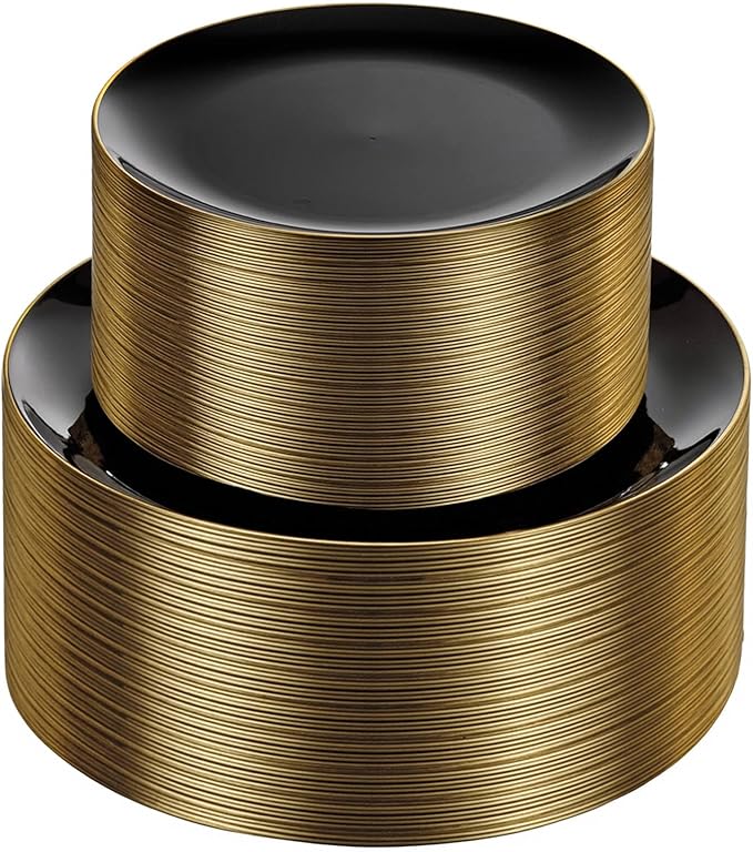 KIRE 100PCS Black and Gold Plates - Black Plastic Plates Disposable with Gold Rim for Halloween Party/Wedding/Birthday Include 50Pcs 10.25inch for Dinner and 50Pcs 7.5inch for Dessert/Salad