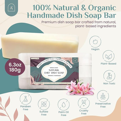 Natural Dish Soap Bar, Cleaning Dishes Solid Block for Kitchen - Organic Biodegradable Dishwashing, only 5 Ingredients, Gentle on Hands - Spring Scent (3 Pack, 19oz)