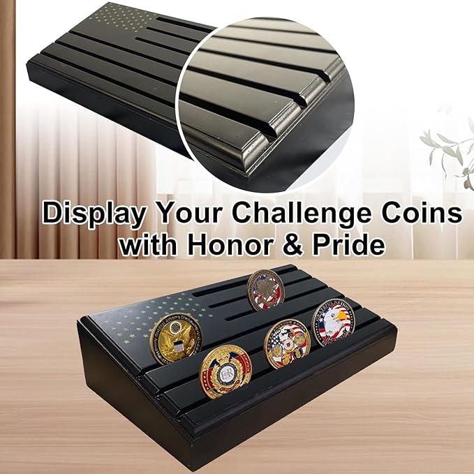 6-Row Military Challenge Coin Display Stand - Challenge Coin Holder with Rustic for Collectors Organize Medals & Memorabilia - Coin Holder for Home, Office, Showcase (Holds 30-36 Coins, American Flag ) (Black) (Black-Storage Box)