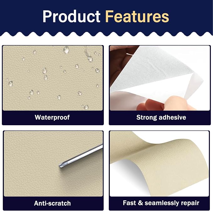 Zenyao Leather Repair Patch Tape - Self Adhesive Leather Repair Kit for Car Seat Furniture, Heavy Duty Vinyl Repair Patch for Couch Sofa, Waterproof Fix for Tears, 16x30 Inch Roll, Off White