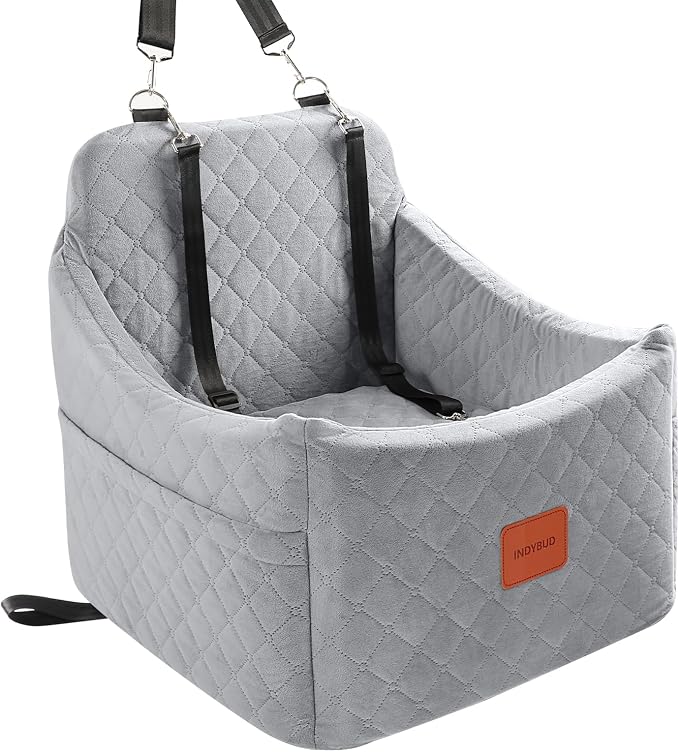 Dog Car Seat for Small/Medium Dogs up to 35 lbs, Memory Foam Pet Booster Seat with Detachable Washable Cover, Portable Pet Bed for Cars with Safety Belts and Storage Pockets(Grey, Medium)