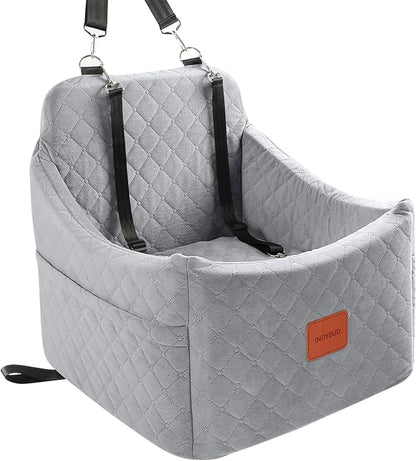 Dog Car Seat for Small/Medium Dogs up to 35 lbs, Memory Foam Pet Booster Seat with Detachable Washable Cover, Portable Pet Bed for Cars with Safety Belts and Storage Pockets(Grey, Medium)