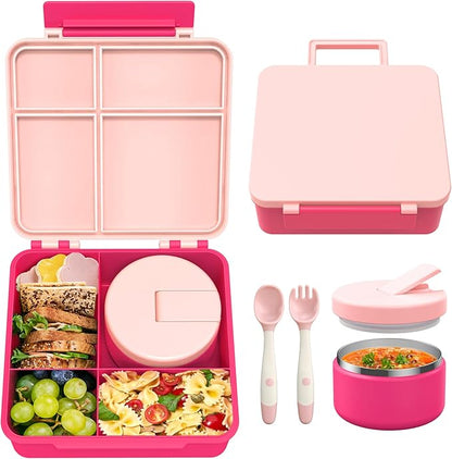 Bento Lunch Box with 8oz Soup Thermo, Leak-Proof Lunch Containers with 4 Compartment, Thermo Hot Food Jar and Insulated Lunch Box for School Pink