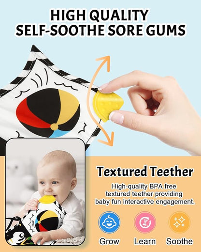 Tummy Time Toys, High Contrast Baby Book with Mirror & Teether, Black and White Infant Books, 0-6-12 Months Soft Book for Newborn, Sensory Books, Tummy Time Car Seat Toys 0-6 Month Boy Girl Gift