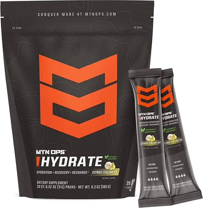 MTN OPS Hydrate Electrolytes Powder Drink Mix, Naturally Sweetened with Monk Fruit, Gluten Free 20 Single Serving On-The-Go Electrolyte Packs, Citrus Italian Ice