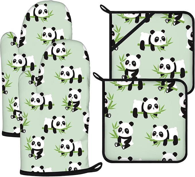 Cute Panda Oven Mitts and Pot Holders Sets 4Pcs, Extra Long Oven Gloves
