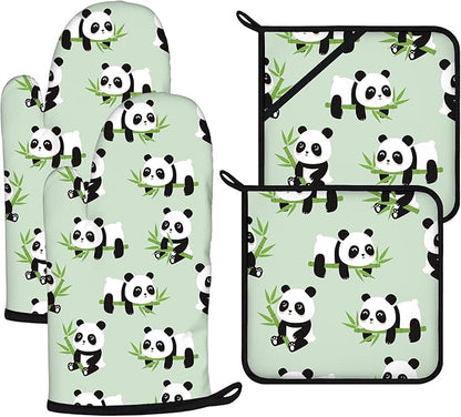 Cute Panda Oven Mitts and Pot Holders Sets 4Pcs, Extra Long Oven Gloves