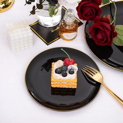 KIRE 100PCS Black and Gold Plates - Black Plastic Plates Disposable with Gold Rim for Halloween Party/Wedding/Birthday Include 50Pcs 10.25inch for Dinner and 50Pcs 7.5inch for Dessert/Salad
