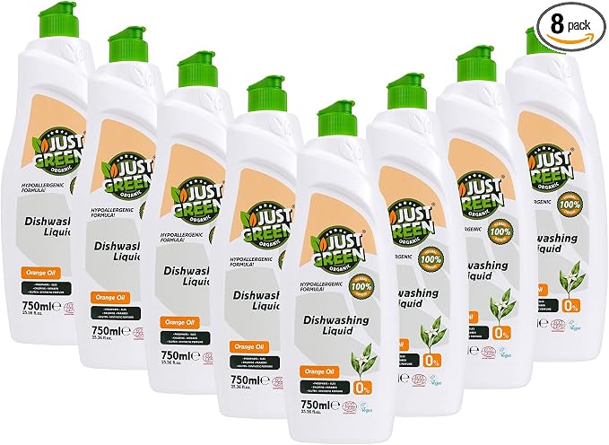 Dish Soap, Plant-Based Dishwashing Liquid, Non-Toxic, Hypoallergenic, EcoCert Certified, Vegan, Grease-Cutting, Orange Scent, 25.3 fl oz (750 ml) - 8 Pack