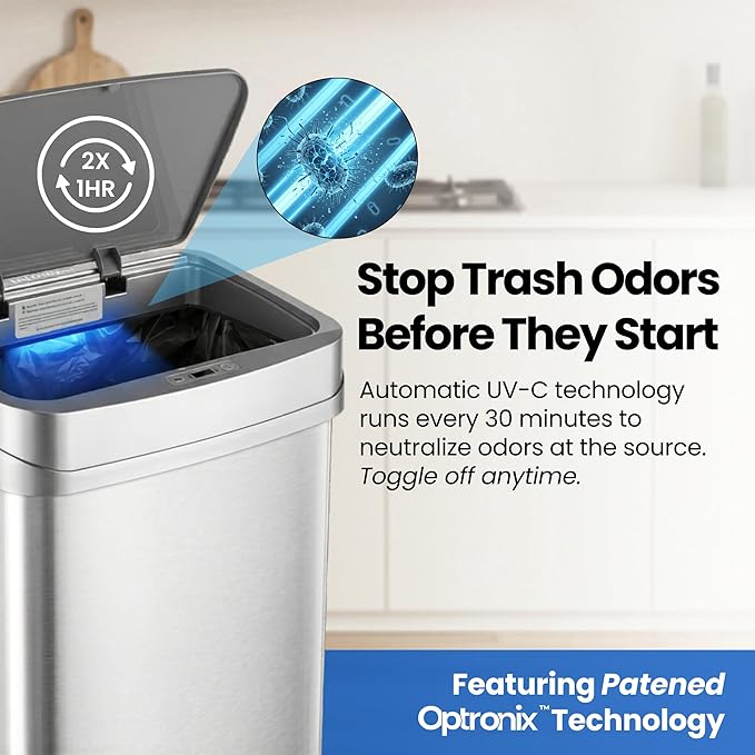 Ninestars 13 Gallon Odor Neutralizing Smart Trash Can, UV + Ozone Dual