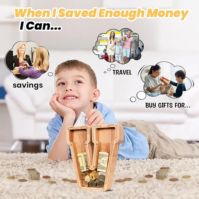 KMC Wooden Letter Piggy Bank, Personalized Initial Piggy Bank for Kids Boys, Clear Alphabet V Wood Money Box, Unbreakable Coin Saving Jar, Birthday, for Children