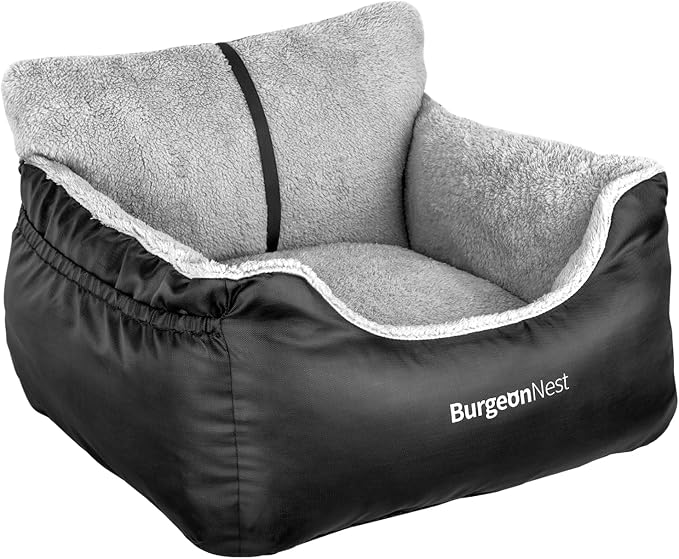 BurgeonNest Dog Car Seat for Small Dogs, Soft Pet Car Travel Home Bed Under 25 lbs, Fully Detachable and Washable Cat Booster Carseats with Storage Pockets and Clip-On Leash Portable Carrier,Black
