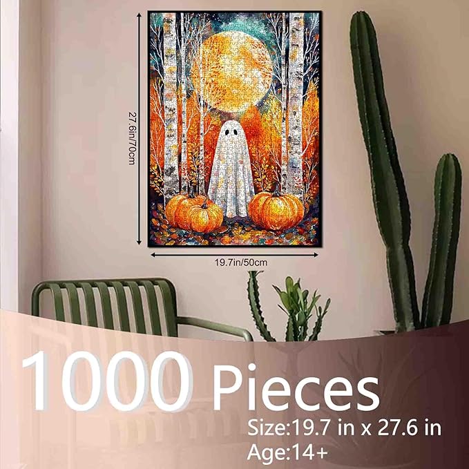 Halloween Puzzle for Adults 1000 Pieces Cute Ghost in Autumn Forest Jigsaw Full Moon Pumpkin Fall Aesthetic Puzzles Spooky Fun Challenging Puzzle for Women Men Teens Family Halloween Decor Gift