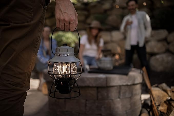 Barebones Railroad Lantern ??State Gray, Vintage-Inspired LED Camping Lantern with Rechargeable Battery ??Adjustable Brightness Outdoor Light for Camping Gear, Backyard, and Home Decor