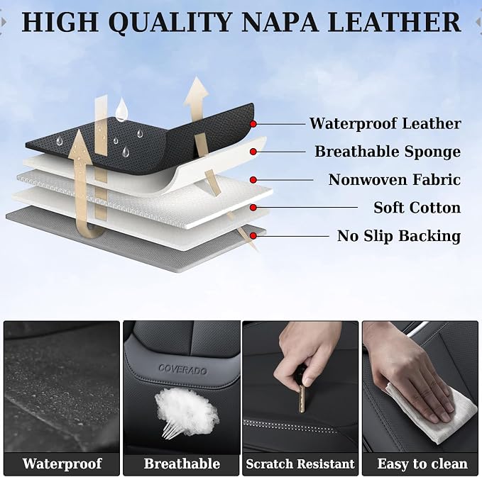 Coverado Universal Seat Covers Front, 2-Pack Universal Seat Covers for Cars, Waterproof Nappa Leather Car Seat Covers with Head Pillow, Auto Protectors Fit for Most Sedans SUV Pick-up Truck-Black