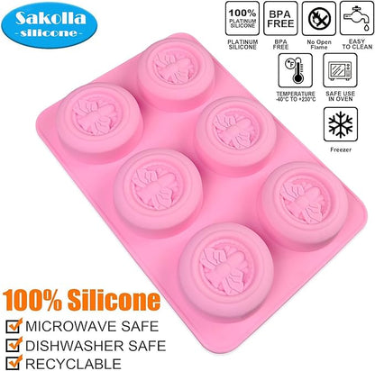 Sakolla 2 Pack Silicone Soap Molds, 6 Cavity Round Honeybee Silicone Molds for Homemade Soaps, Lotion Bar, Jello, Bath Bomb, Beeswax, Resin, Chocolate and Dessert (Pink)