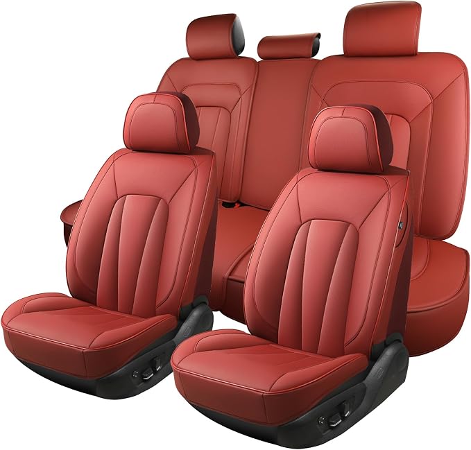 Car Seat Covers Full Set,Red Car Seat Covers,Leather Automotive Seat Covers,Breathable Waterproof Luxury Full Wrapping Edge Seat Covers Fit for Most Cars SUV and Sedans