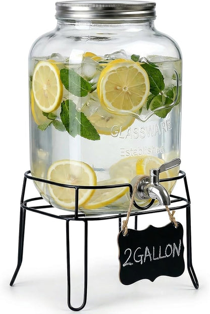 2 Gallon Glass Drink Dispenser, Beverage Dispenser